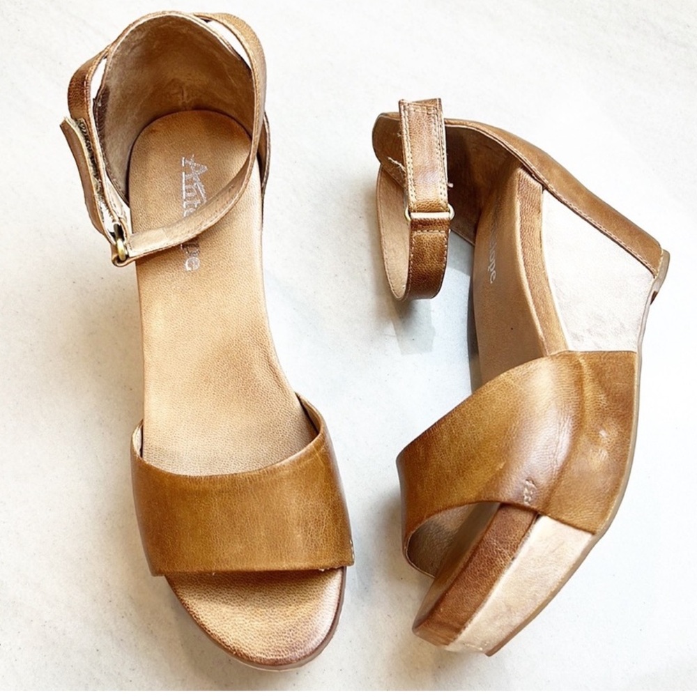 Anthropologies Antelope Platform Wedge Ankle Strap Sandals Brown Metallic 37